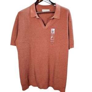 Mutual Weave Mens XL Copper Brown Textured Knit Cotton Short Sleeve Sweater Polo